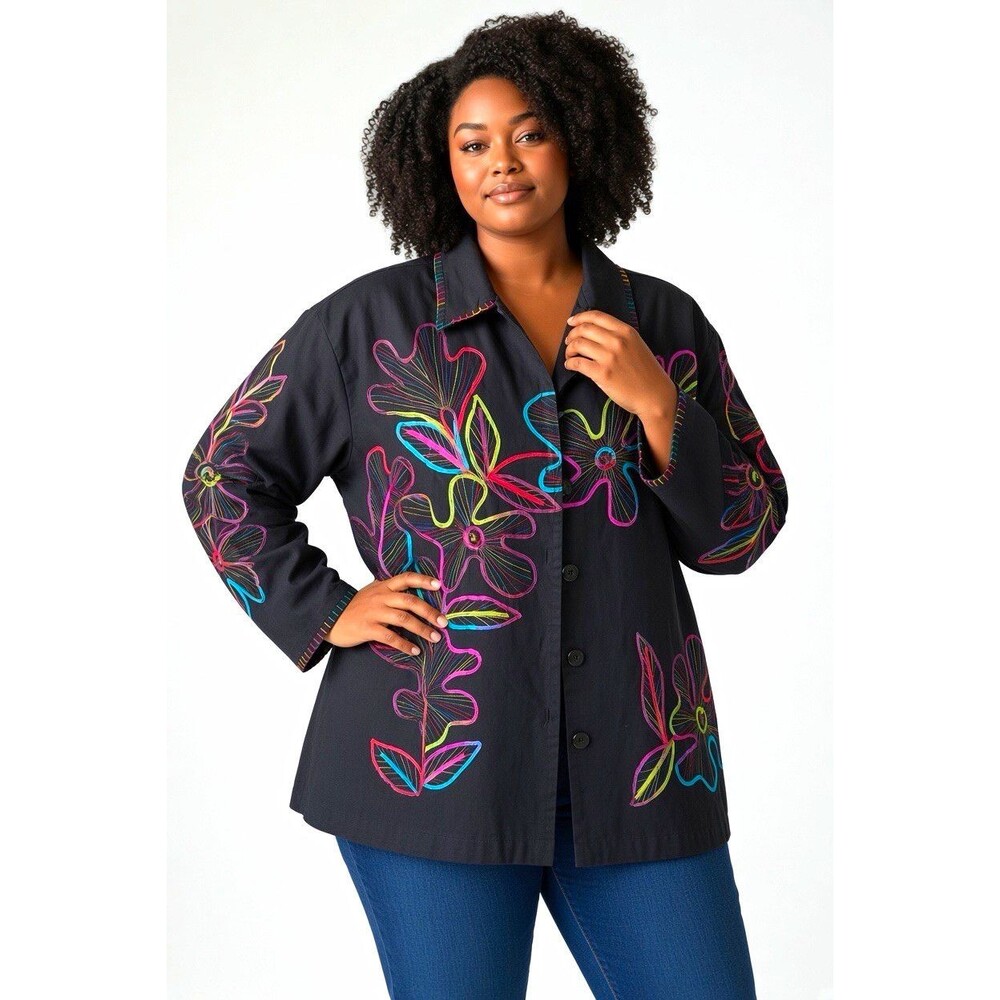 Vintage-Style 3X Black Cotton Jacket Colorful Embroidered Floral Statement Light
